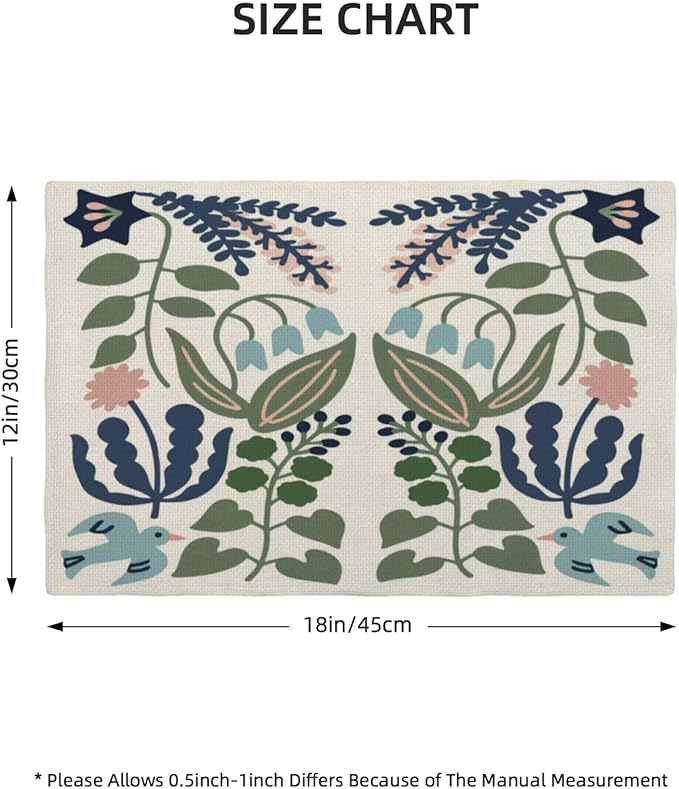 Boho Placemats Set of 4 Navy Blue Sage Green Vintage Floral Decor Place Mats 12x18 Inch Flower Spring Summer Seasonal Farmhouse Decoration Linen Table Mats for Home Kitchen Dining Party Table