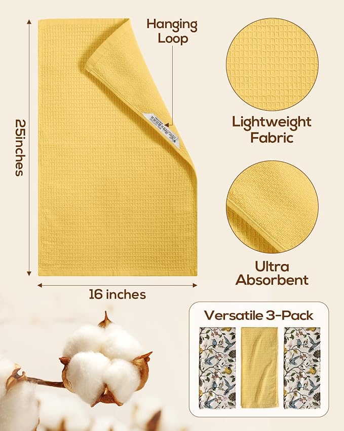 Miss Adola 3pcs Cotton Kitchen Towels - 270 GSM 15x25 Inch Terry Cloths Reusable Dish Cloths for Cleaning Absorbent Soft Hand Tea Towels with Hanging Loop for Housewarming Home Decor, Lemon Bird