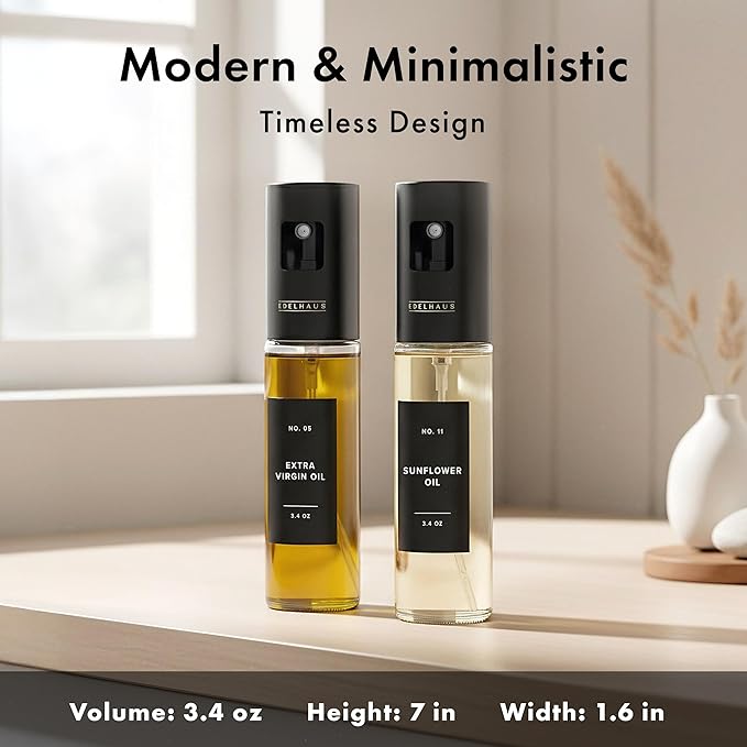EDELHAUS Oil Sprayer Set of 2 Oil Spray Bottle Made of Stainless Steel & Glass, for Healthy Cooking, Sprayer for Precise Dosage, for Cooking Oil & Vinegar Including (Black Lids, 2 Pack)
