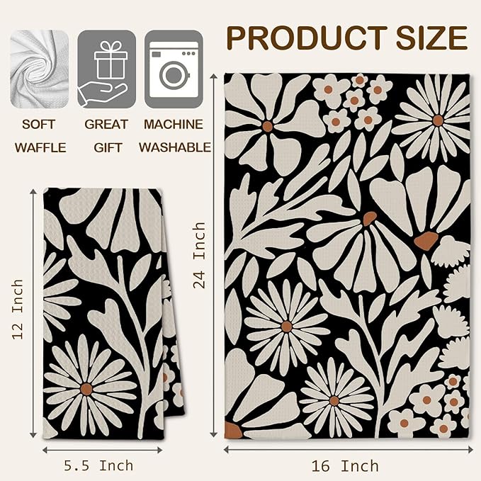 Abstract Boho Beige and Black Floral Kitchen Towels, Groovy 70s Retro Botanical Dish Towels Drying Cloth for Kitchen, Mid Century Modern Flower Hand Towels for Bathroom, 16x24 Inch Set of 2