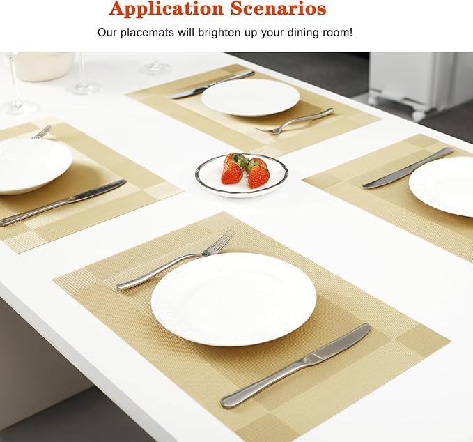 Placemats Set of 6,Washable,Heat and Stain Resistant Indoor/Outdoor Place mats,Vinyl Woven Non Slip Table Mats for Restaurant Table Protection,PVC Placemats(Gold 6PCS)