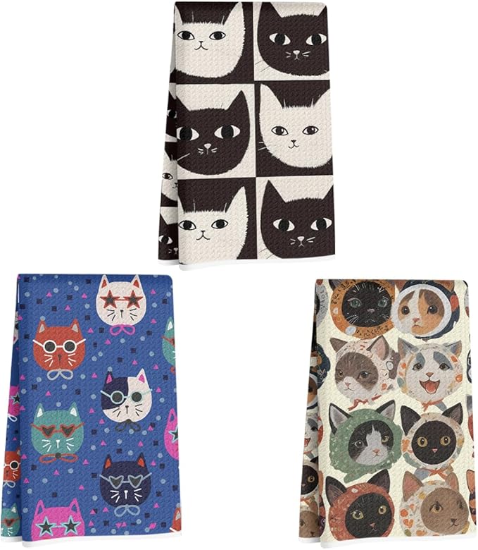 ZHAMEN 3Pcs Cat Kitchen Towels 24x14 Inch, Absorbent Vintage Dish Cloth Tea Towel, Waffle Weave Microfiber Hand Towels for Kitchen Home Bathroom Farmhouse Decor, Cat Gifts for Women Mom Friend Lovers