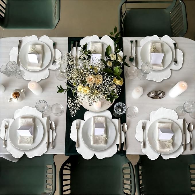 Moukeren Set of 6 Elegant Floral Placemat 16'' Flower Shaped Place Mat Flower Embroidery Table Mat for Wedding Bridal Shower Baby Shower Mother's Day Party Kitchen Dining Table Decor(White)