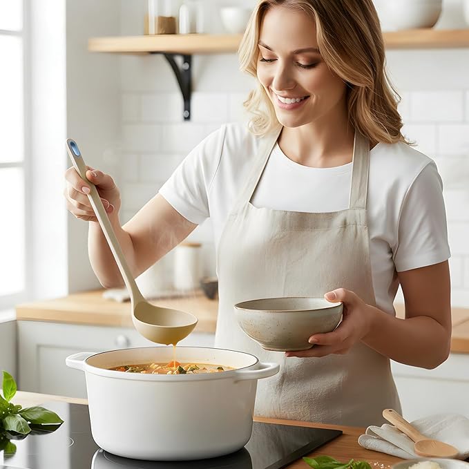 Silicone Spaghetti Spoon&Soup Ladle Cooking Utensils Set of 2,No Scratch for Nonstick Cookware,BPA Free, 450℉ Heat Resistant (KHAKI)