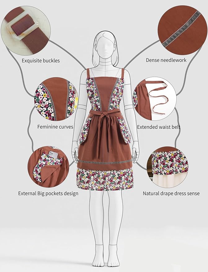 Pinknoke Kitchen Aprons for Women with Pockets Cute Vintage Chef Pinafore Apron for Gardening Cooking Baking Painting