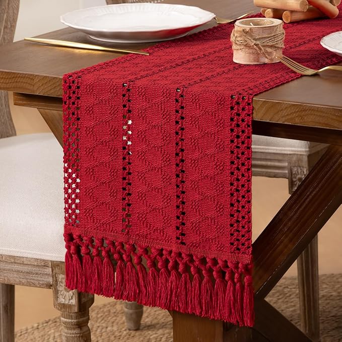DeZerlor Boho Macrame Table Runner Spring Easter Farmhouse Woven Table Runner with Tassels 90 Inches Red Cotton Linen Kitchen Table Decor for Dining Dresser Home Tea Table Decor