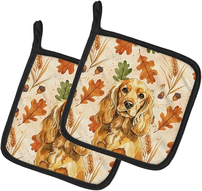 Caroline's Treasures Golden English Cocker Spaniel Heirloom Fall Pair of Pot Holders Pair 7.5x7.5 Quilted Insulated Hot Pads Decorative Kitchen Gift Made in USA