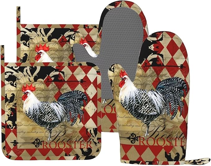 Rooster Print Oven Mitts and Pot Holders Sets Silicone Rooster Kitchen Mitts Potholders Heat Resistant 4Pcs Oven Gloves Hot Pads for Kitchen Baking Cooking BBQ Grilling