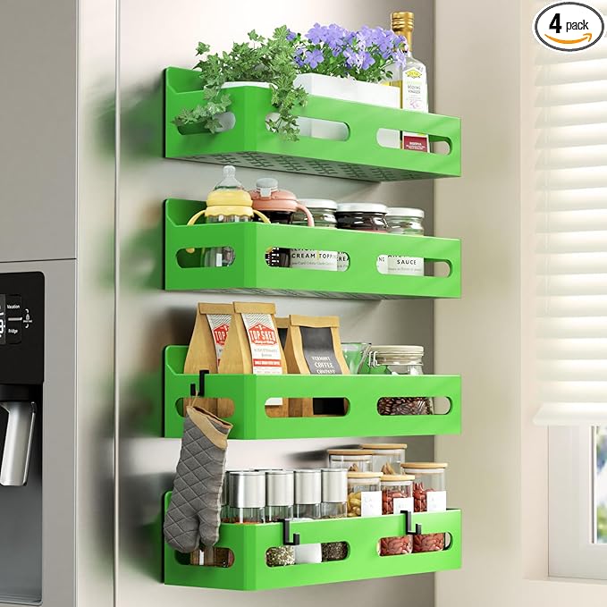 Sevenblue 4 Pack Strong Magnetic Spice Rack for Refrigerator, Multipurpose Magnetic Shelf for Fridge with 4 Hooks for kitchen and Bathroom Organization, Green