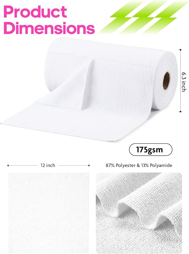 Tear-A-Rag Roll -50 Pack, 12 x 12 Microfiber Cleaning Cloth, Reusable Towels for Home, auto and Shop (White)