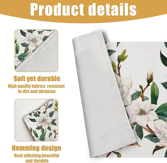 White Magnolia Flower Placemats Set of 6,Summer Flower Linen Place Mat Washable Stain Resistant Table Mats for Farmhouse Dining Party 12x18 Inch