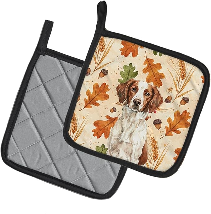 Caroline's Treasures Liver and White Brittany Heirloom Fall Pair of Pot Holders Pair 7.5x7.5 Quilted Insulated Hot Pads Decorative Kitchen Gift Made in USA