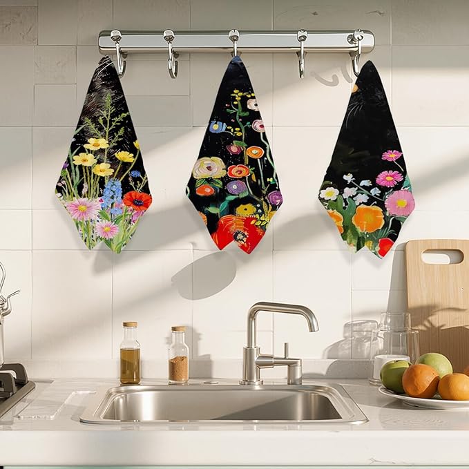 3Pcs Cute Cat Kitchen Towels 24x14 Inch, Floral Microfiber Dish Towels for Kitchen Bathroom Farmhouse Decor, Waffle Weave Absorbent Dish Cloth Tea Towel, Cat Lover Gifts for Women Mom Family Grandma