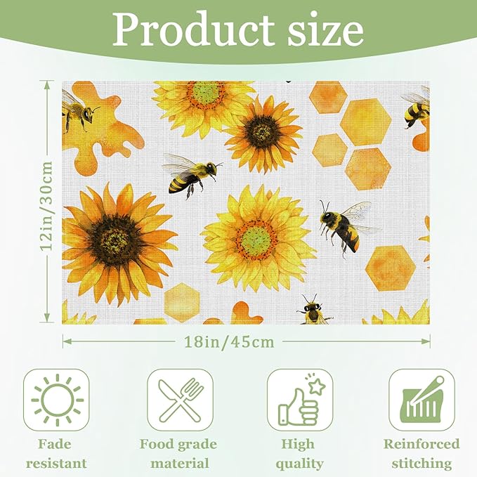 Sunflower Honey Bee Placemats Set of 6, Washable Heat Resistant Table Mat Linen Place Mats for Party Kitchen Dining Home Decor 12x18 Inch