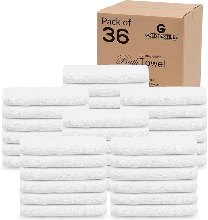 GOLD TEXTILES 36 Pack White Small Bath Towels 20x40 Inches - Cotton Blend Economy Cheap Bulk Bath Towels for Commercial Uses, Gym, Salon, Spa & Hair- Lightweight Quick Drying (36 White)