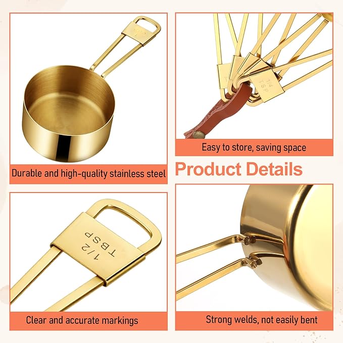 9 PCS GOLD Stainless Steel Measuring Cups and Spoons Set, Gold Nesting Design Teaspoon Stackable Cups and Spoons Heavy Duty Measuring Cup Set for Dry and Liquid Ingredients and Baking, Cooking(Golden)