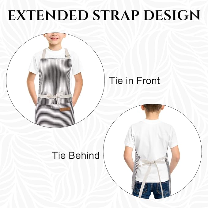 2 Pack Stripes Kids Apron, Kids Cooking Aprons with 2 Pockets, Cute Aprons for Cooking for Boys and Girls