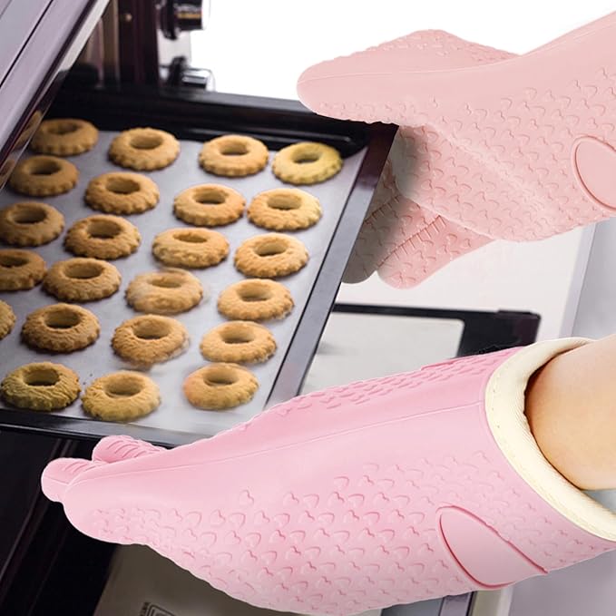 Kitchen Silicone Oven Gloves for Women 2 Pairs Oven Mitts with Fingers Heat Resistant Waterproof Handle Hot Food BBQ Grill Baking