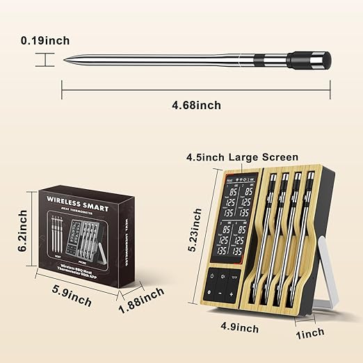 Smart Wireless Meat Thermometer with 4 Probes & 800ft Range, Bluetooth Grill Food Thermometer, Digital Backlit Screen, 0.5S Instant Read, NIST ±0.5℉ Accuracy for Kitchen BBQ, Oven, Smoker, Air Fryer