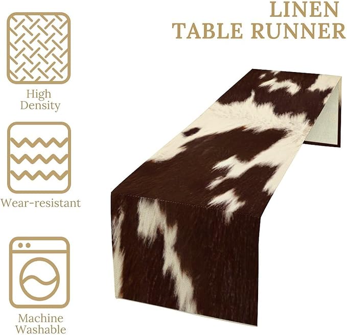 Cow Skin Print Table Runner, Rustic Farmhouse Cottage Animal Fur Skin Western Style Brown Wild 3D Cowhide Print Dinner Runner Table Decoration for Home Kitchen Dining 13"x70"