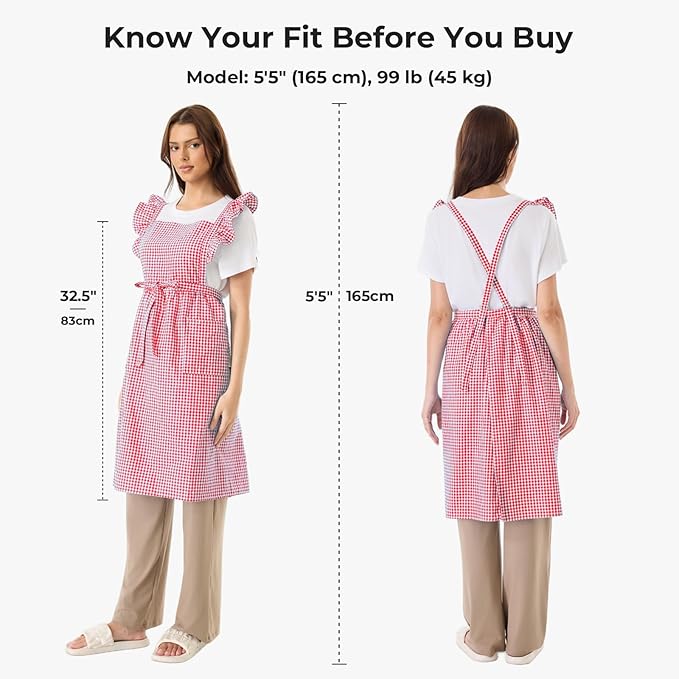 Vintage Gingham Apron for Women, Ruffle Straps, 2 Pockets, Soft Cotton, Apron Dress Style for Cooking & Baking