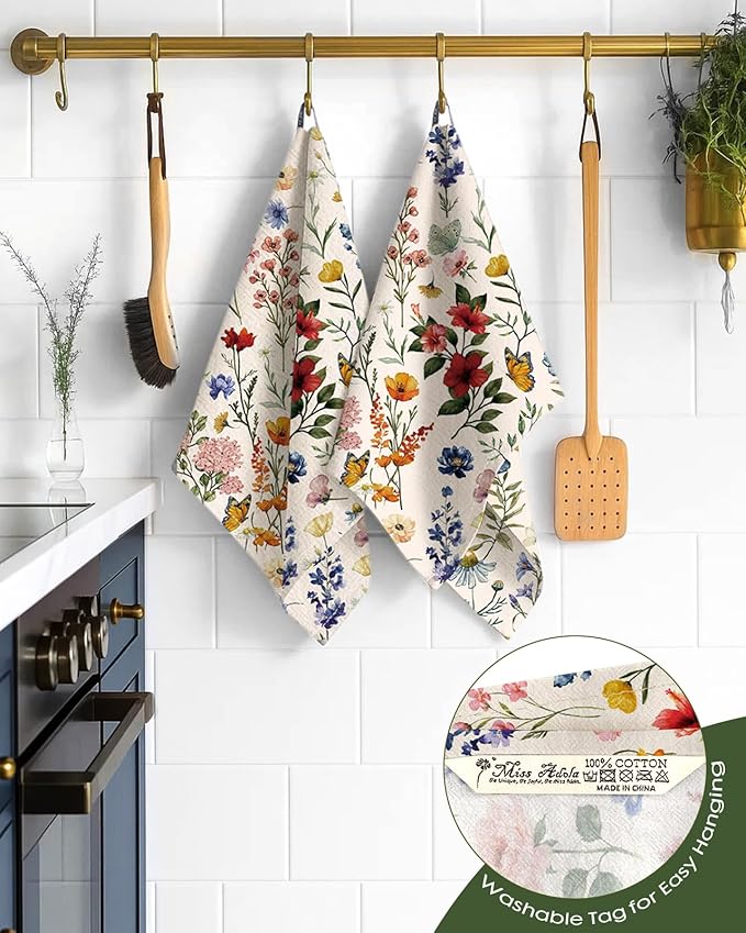 Miss Adola Flour Sack Kitchen Towels - Set of 2 Spring Dish Towels with Hanging Loop 18x26 Inch Absorbent Reusable Cotton Cloths for Cleaning Cute Design Home Decorative Housewarming, Vintage Flower
