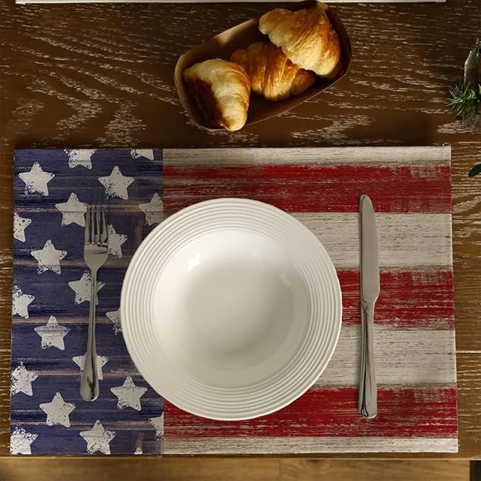 Bloss Patriotic 4th of July Placemats Set of 4, Memorial Day 12" x 18" Linen Table Mats for Party Kitchen Dining Decoration, Retro Vintage Independence Day Disposable Place Mats