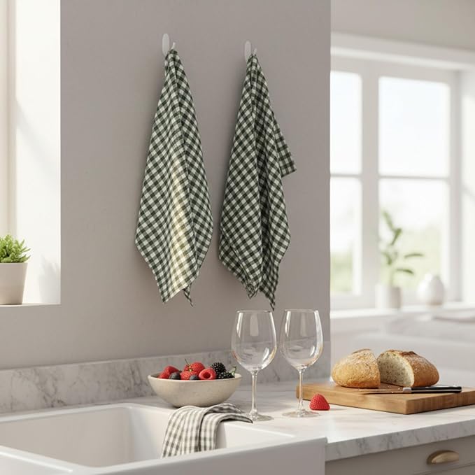 Eight Owls Stonewashed Linen Kitchen Dish Towels - 20 x 27 inch – 100% Pure Linen Tea Towel/Hand Towel - Set of 2 (Green Check)