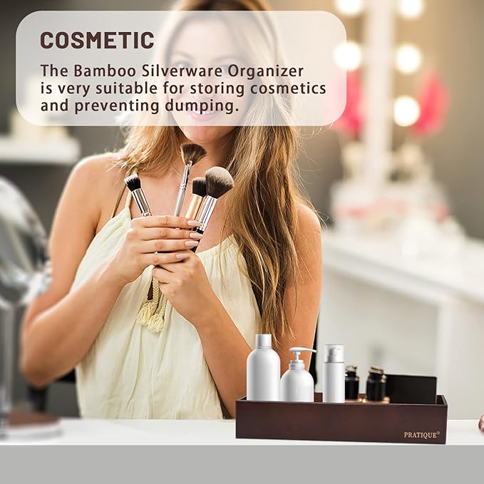 PRATIQUE Bamboo Drawer Organizer - Kitchen Utensil Organizer Silverware Tray Cutlery Holder，Office Desk Supplies and Accessories,12 * 5.9 * 2.6,Nut-brown