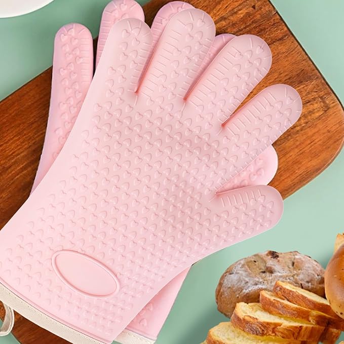 2 Pairs Silicone Oven Mitts Oven Gloves with Fingers Heat Resistant Waterproof Non-Slip Cotton Lined Silicone Oven Gloves Kitchen Mitts for Baking Cooking BBQ(2 Pairs-Green +Pink)