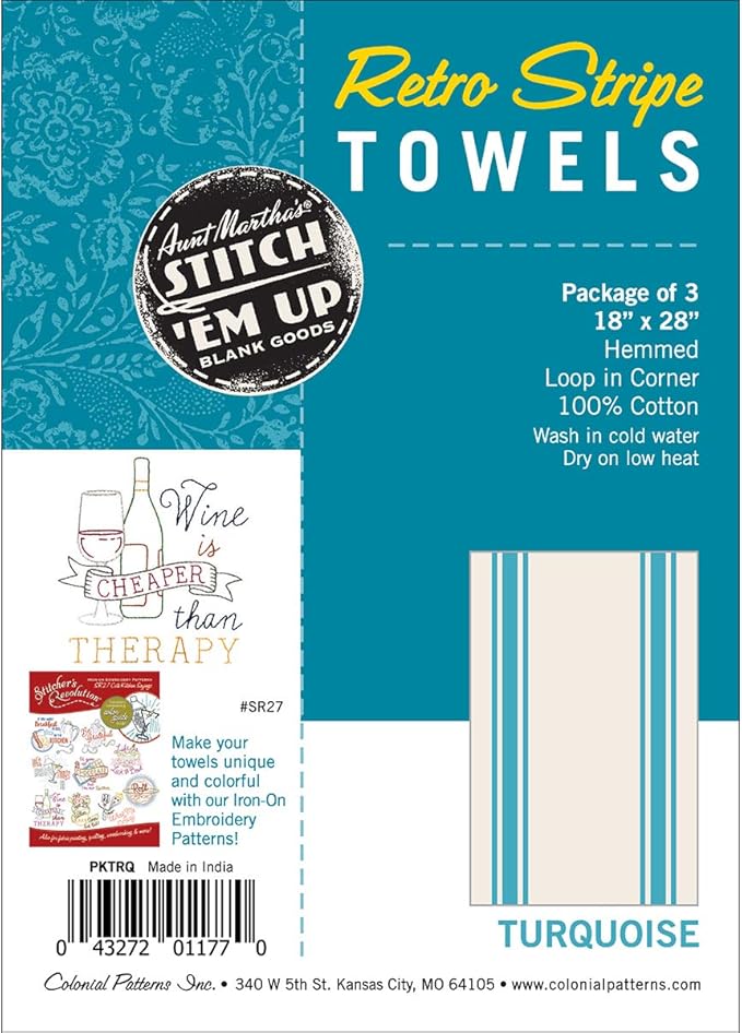 Aunt Martha's 18"x28" Turquoise Striped Dish Towels Pkg of 3