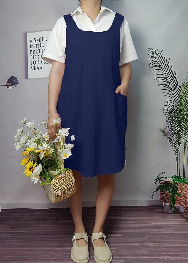 Cotton Cross Back Aprons Solid Color Cooking Kitchen Garden Smock for Women Girls with Pockets