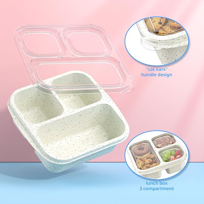 Snack Boxes (3 Pack) - Stackable Bento Boxes with 3 Compartments, Meal Prep Containers Reusable, Lightweight Lunch Containers for Kids and Adults, BPA Free (Off White)