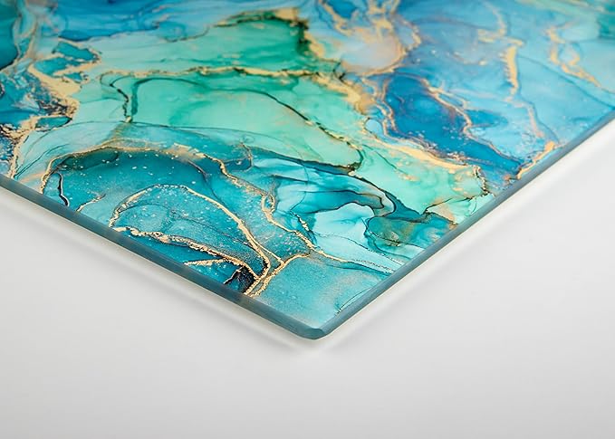 Kitchenville Glass Cutting Board 16"x12": Tempered Glass Kitchen Counter Protector - Durable- Scratch-Resistant, Heat-Proof - Design 9 - Teal Ocean
