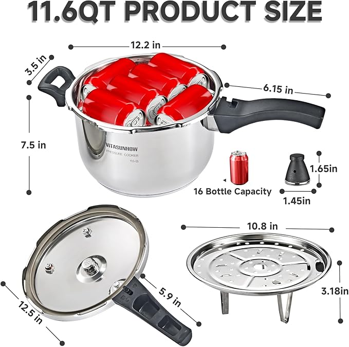 Stainless Steel Pressure Cooker with Steamer Basket Faster Cooking and Safety Pressure Release (11-Liter)