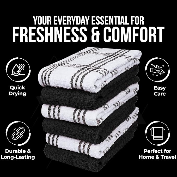 DAN RIVER Premium Kitchen Towels - [Pack of 6] 100% Cotton (16 x 26 Inches) -Super Soft,Highly Absorbent, Quick Dry, Dish Towels for Kitchen Towels -Black