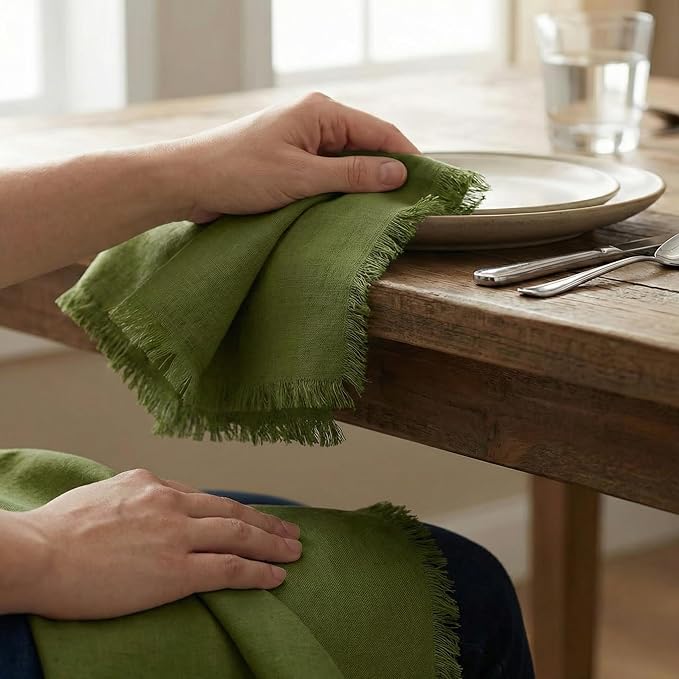 ACCENTHOME Olive Green Cotton Linen Napkin Set of 6 - 18x18 inch Dinner Napkins - Washable Soft Premium Hotel Quality Reusable Napkins Perfect for Family Dinners, Weddings & Everyday Use