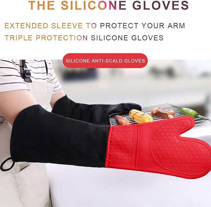Linwnil Extra Long Silicone Oven Mitts Heavy Duty Commercial Grade Oven Mitts Heat Resistant BBQ Gloves with Quilted Cotton Lining 2 Pack (Red)