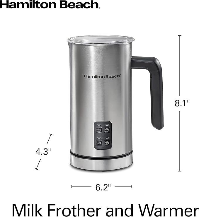 Hamilton Beach Electric Milk Frother & Warmer, Automatic Warm or Cold Foam, 5-10 oz., Create Café-Quality Coffee, Latte, Cappuccino, Frappe, Hot Chocolate, 4 Settings, Stainless Steel (43565C)