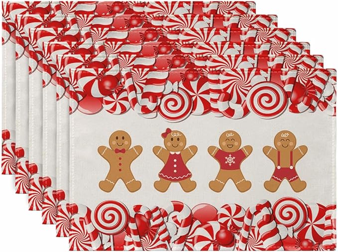 Ansouyi Placemats Set of 6, Christmas Candy Cane and Gingerbread Man Washable Heat Resistant Linen Table Mats, Kitchen Decor Non-Slip Place Mats for Party Dining, 12x18 Inch