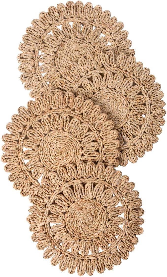 Laquedecraft 11.8" Set of 4 Round Corn Husk Placemats | Boho Woven Rattan Table Mats | Farmhouse Wicker Spring Plate Chargers Like Water Hyacinth, Seagrass for Wedding, Party, Christmas, Events