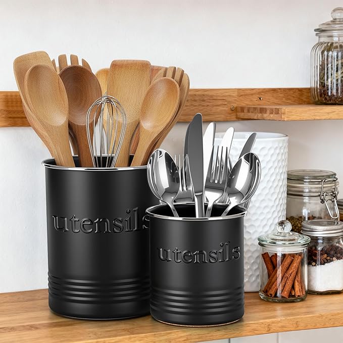 FoldTier 2 Pack Kitchen Utensil Holder for Counter 6.7"+4.7" Farmhouse Cooking Utensil Crock with Cork Bottom Modern Farmhouse Decors Countertop Storage Organizer Caddy Housewarming Gift(Black)