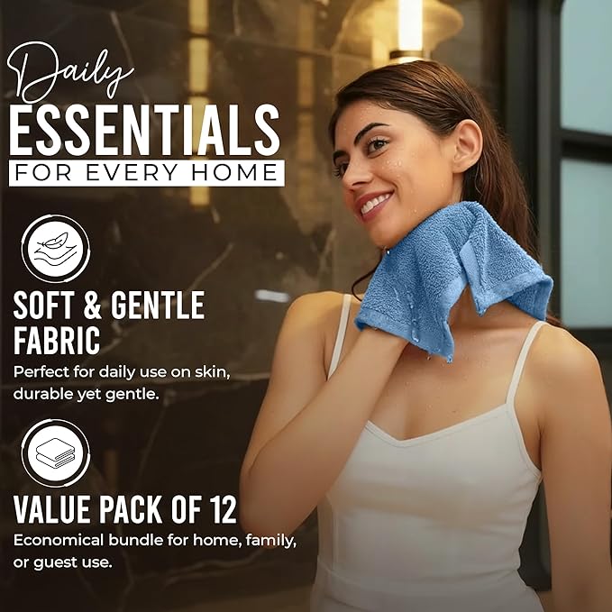 RIVERSIDE Pack of 12 Washcloths, 12 x 12 Inches, 100% Cotton, Premium Flannel Face Cloths, Highly Absorbent & Soft Feel Fingertip Towels (Electric Blue, 12 Pack)