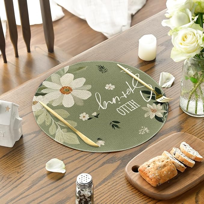 Artoid Mode Olive Green Hello Spring Daisy Round Spring Placemats Set of 4, 14 Inch Seasonal Holiday Table Mats for Party Kitchen Dining Decoration