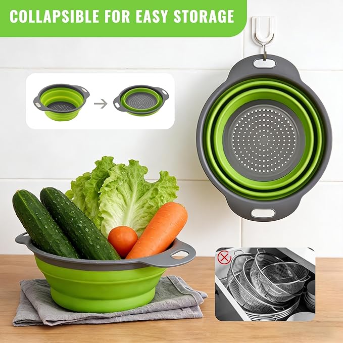 Collapsible Colander Set of 2, Folding Kitchen Strainers with Handles, Space-Saving Over-the-Sink Drainers for Pasta, Veggies & Fruit, BPA-Free, Dishwasher Safe, RV & Camping (Green)