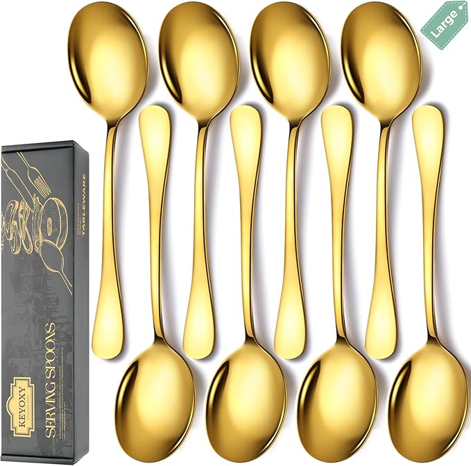 Stainless Steel Serving Spoons Set, 8pc, 10-Inch, Includes 8 Large Spoons, for Parties/Kitchen/Buffet/Catering, Dishwasher Safe, Gold