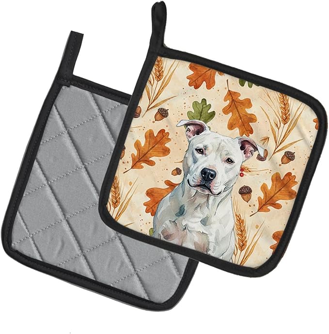 Caroline's Treasures White American Staffordshire Terrier Heirloom Fall Pair of Pot Holders Pair 7.5x7.5 Quilted Insulated Hot Pads Decorative Kitchen Gift Made in USA