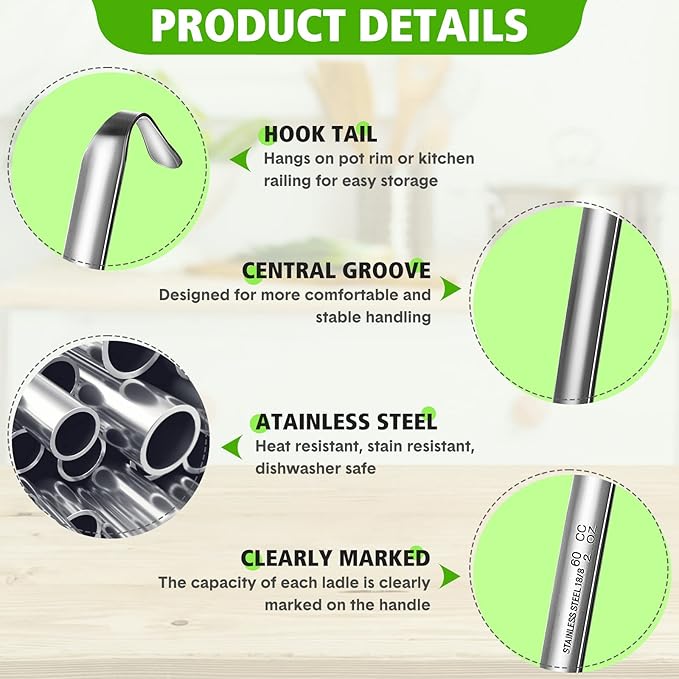 Potchen 10 Pcs Stainless Steel Soup Ladle Set Small Ladle Sturdy Long Handle Portion Control Serving Spoons for Cooking Sauce Gravy Stirring & Kitchen Home Use(2 oz)