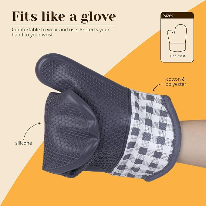 Amruta Pair of Silicone Shell Oven Mitts, 2 Pieces Heavy Duty Baking Kitchen Mitts for BBQ Microwave Stove, Heat-Resistant up to 500F, Oven Glove with Silicone Textured Grip (11 x 7 in, Grey)