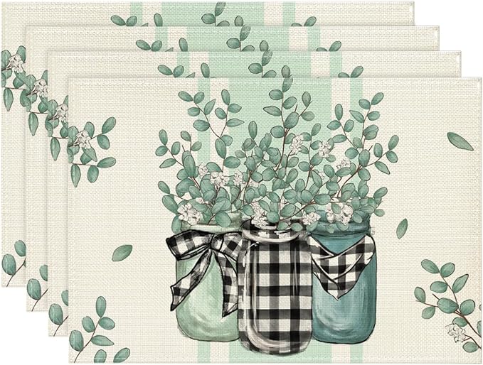 Artoid Mode Eucalyptus Buffalo Plaid Spring Placemats Set of 4, 12x18 Inch Vase Seasonal Table Mats for Party Kitchen Dining Decoration